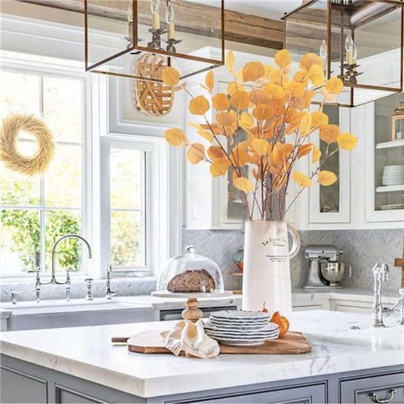 4 Pcs Artificial Eucalyptus Leaves Stems 33.8‘’ Eucalyptus Branches Orange - Picture 4 of 7